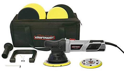 Dino KRAFTPAKET 640301 15mm-900W Exzenter Poliermaschine Stufenlos im XXL-Set mit 125mm 150mm Stützteller Polierschwamm Polierteller Polierpad Tasche für Auto KFZ Boot, Grau