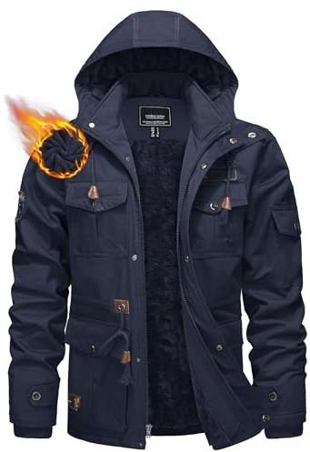 KEFITEVD Abrigo de Invierno Hombre Chaqueta de Carga Forrada Térmica con Capucha y Múltiples Bolsillos Azul Oscuro
