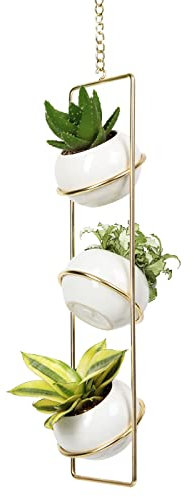 J JACKCUBE DESIGN Weißer Keramik-Blumentopf mit goldenem Metall-Wandaufhänger, Mini-vertikales Hängetopf, Set mit 3 Behältern, für Zimmerpflanzen, Kräuter, künstliche Blumen und mehr – MK631A