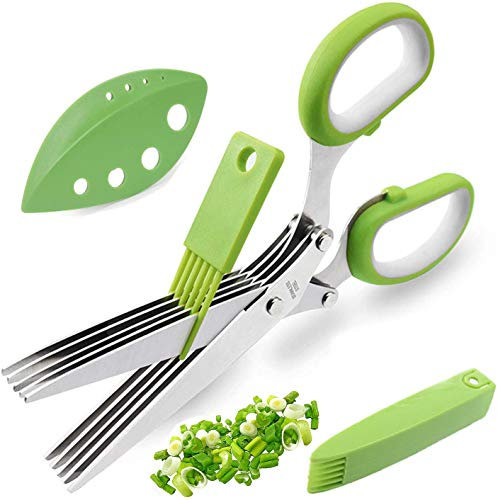 YEGOOD - Set di forbici per erbe aromatiche, multiuso, 5 lame in acciaio inox con copertura di sicurezza, pettine per la pulizia e lo spelaerbe per tagliare insalata di cipolle e coriandoli,