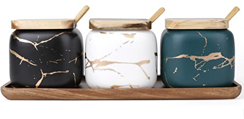 Dicunoy 3 Pack Ceramic Salt and Sugar Container, Condiment Jars with Lids and Spoons, Marble Seasoning Spice Pots Bowl, Pepper Sellar with Wooden Tray for Serving, Counter, Home, Kitchen