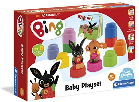 Clementoni - 17693 - Bing Playset mit Clemmy Bausteinen - Weiche Bausteine - Bing-Figuren und Büchlein - Weiche Konstruktionsset Kinder 18 Monate - Made in Italy