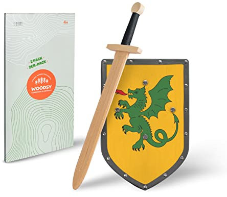 WOODSY ® Schild und Schwert | 57 cm lang Handmade aus Buche Drachen Design | Ritter Kostüm Kinder Ritterschwert Kinder Schwert Spielzeug Mittelalter