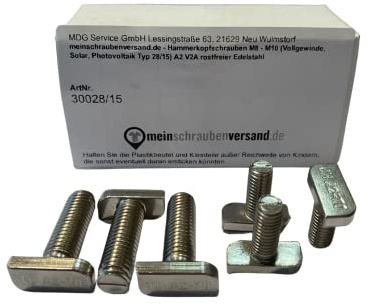 Hammerkopfschrauben M10x50 Typ 28/15 – Edelstahl A2 (V2A) – rostfrei – Vollgewinde – Solar Photovoltaik Montageschrauben – 50 Stück