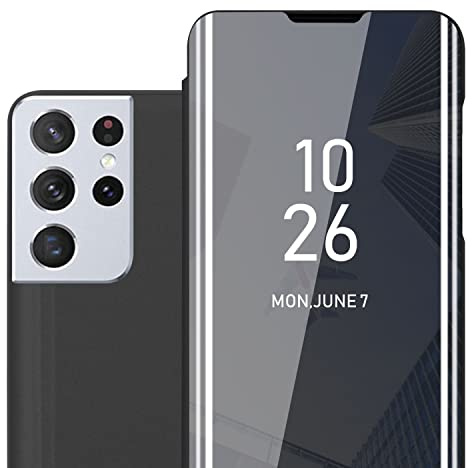 Cadorabo Hülle kompatibel mit Samsung Galaxy S21 Ultra in TURMALIN SCHWARZ - Clear View Spiegel Schutzhülle mit Standfunktion 360 Grad Schutz