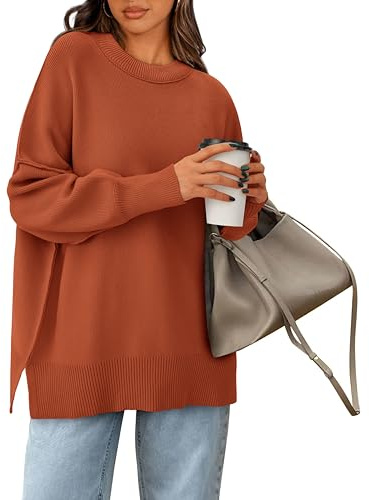 PRETTYGARDEN Women's Oversized Sweater 2025 Casual Fall Outfits Crewneck Long Sleeve Side Slit Chunky Knit Pullover Tops(Caramel,X-Large)