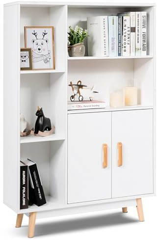 KOMFOTTEU Bücherschrank Holz, Mehrzweckschrank mit 2 Türen & 4 offene Regale, Beistellschrank mit Kippschutz, Bücherregal 80 x 24 x 119,5 cm, Schrank für Arbeitszimmer, Büro (Weiß)