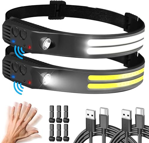 Hyted Stirnlampe LED Wiederaufladbar, 2 Stück 230° Weitwinkel Kopflampe Stirnlampe mit 6 Lichtmodi, 2*LED Weiß Licht Sensor Wasserdichte Stirnlampen, Perfekt Stirnleuchte für Joggen, Angeln, Laufen