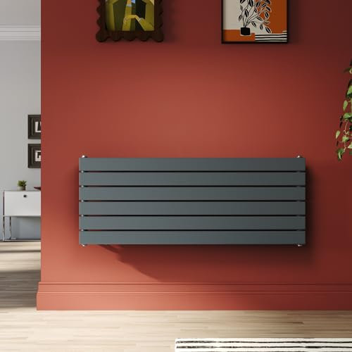 SONNI Radiatore di design, 1200 x 465 mm, colore antracite, 950 Watt, doppio strato, piatto, orizzontale, per bagno, connettore laterale, termosifone da bagno