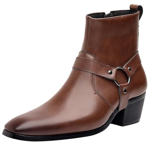 ANUFER Hommes Talon Bloc Moyen Bottines Sangles de Rivets Punk Fermeture éclair Latérale Bottes de Motard Café SN0708263 EU45.5
