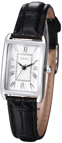 Silverora Montres pour femmes en cuir rectangulaire : petites montres à quartz analogique pour femmes avec chiffres romains, blanc/noir
