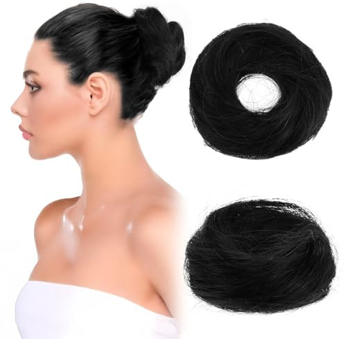 JIEYAO Haarteil Mit Gummiband, Echthaar Haarteil Haargummi Weich Dutt mit Haaren 16g Glatt Hair Bun Extensions Bun Hochsteckfrisuren Haarknoten für Damen Mädchen Pferdeschwanz(Natürliches Schwarz)