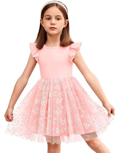 Arshiner Girls Pink Flower Tulle Dress 5-6 Years Knee-Length Spring-Summer Party Dress