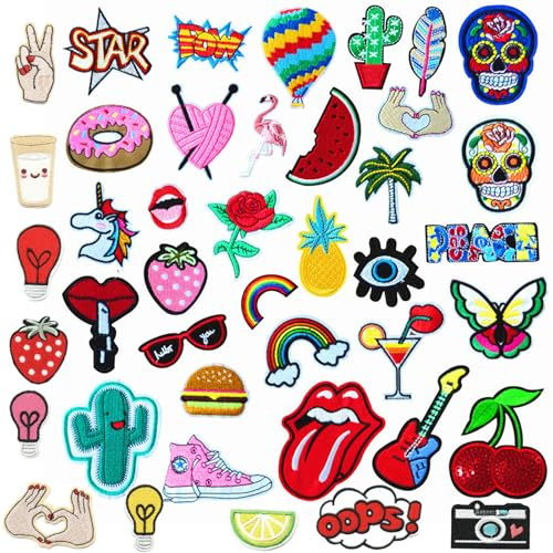 43 Pièces Ecusson Thermocollant Adulte, Embroidered Patch, écussons Brodés à Repasser, Autocollant de Patch pour t-Shirt Jeans Sacs à Linge