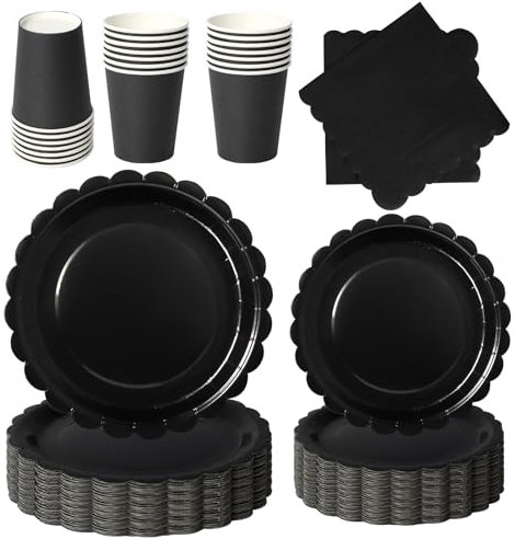 PYAILI 96 Piezas Negro Vajilla Fiesta Cumpleaños, Platos y Vaso Cumpleaños Infantil, Set de Party Decoración Platos Servilletas para Navidad, Barbacoas, Fiestas -24 Invitado