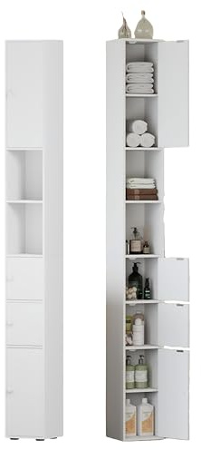 Homullel Tall Bathroom Cabinet, Freestanding Narrow Cupboard with 4 Doors & Open Compartments, Slim Tallboy Floor Storage Cabinet for Living Room Kitchen, 20x20x180cm, White
