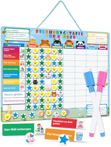 Willingood Magnetische Belohnungstafel Kinder, Magnettafel mit 100 Aufgabenkarten,300 Sternmagneten, 60 Tiermagneten, Aufgabenplaner Wochenplaner Montessori ADHS Hilfsmittel (Runde Ecke)