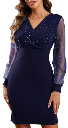 Joligiao Abito da Donna Elegante Mini Vestiti a Maniche Lunghe Abito Invernale in Velluto Abiti in Paillettes Vestito Sexy Scollo a V Corto Abiti da Cocktail Vestito Festa da Sera(Blu Navy,XXL)