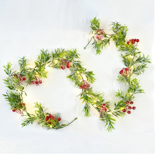 Junhui 180cm Guirnalda Navideña, Enredaderas Artificiales con Bayas Rojas, Corona Navideña Plantas Artificiales con 35 LED, Guirnalda con Nieve para Chimeneas, Decoración Navideña de Interior