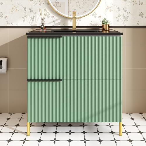 Merax Lavabo con mobiletto, mobile da pavimento con lavabo, lavabo con 2 cassetti, armadietto da bagno, verde, 81,5 x 47 x 90 cm
