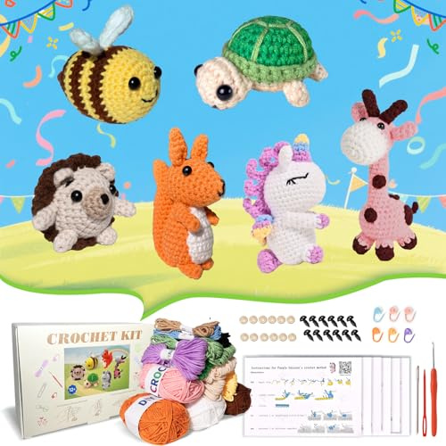 Alutaba 6Pcs Crochet Kit for Beginners Adults, Crochet Animal Kits for Adults and Teens with Step by Step Videos Tutorials, Knitting Kit for Crochet Lovers Great Birthday, DIY Keychain Pendants