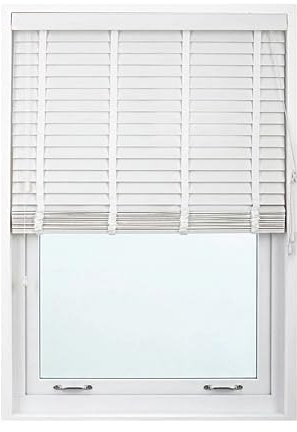 White Tape Design Faux Wood Venetian Blind 114W x 150L cm Window Blinds | 50mm Horizontal Slats Trimmable Easy Fit Child Safe Home Office Windows Blind