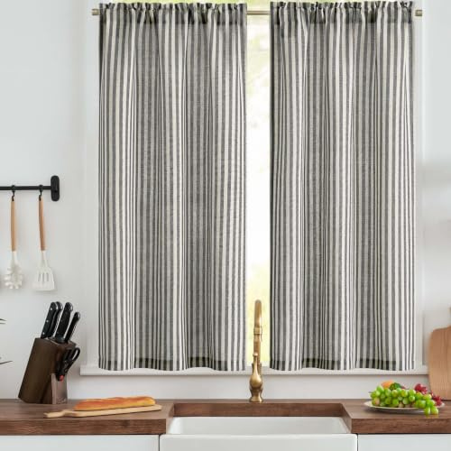 TOPICK Kitchen Curtains, Black Striped Cafe Curtain 2 Panels, W26xL54 Inch | 54 Inch Drop Rod Pocket Linen Look Curtains, Light Filtering Privacy Drapes for Bathroom, Bedroom, Sink, Basement, Caravan