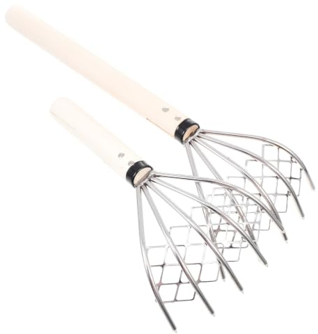 POPETPOP Rastrello a Mano in Acciaio Inossidabile 5 Denti e Manico in Legno, Strumento Resistente per Scavare Frutti di Mare sulla Spiaggia, Set da 2 Pezzi