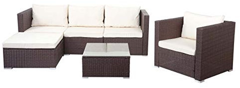 Mendler Poly-Rattan-Garnitur Brescia, Gartengarnitur Sitzgruppe Sofa Lounge-Set - braun, Kissen Creme