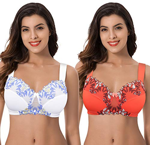 Curve Muse Talla Grande para Mujer,minimizador,inalámbrico,Sujetador sin Forro con Encaje Bordado-Paquete de 2-Suero De La Leche,Tomate Cherry-105D