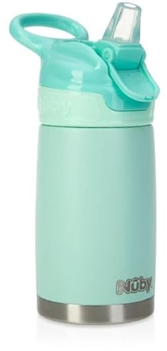 Nuby - Thirsty Kids - Botella Acero Inoxidable Flip-It Reflex para viajes - Vaso Antiderrame Bebe Con Cierre Seguro Y Diseño Térmico - Botella De Viaje Para Niños 10 Onzas - Vaso Bebe Color Turquesa