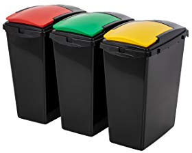 Addis 40 Litre Plastic Set of 3 Recycling 40 litre Waste Utility Bins, Black colour coded Lids Green, Red, Yellow