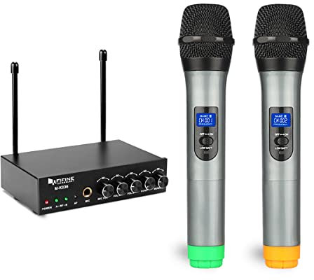 Fifine UHF Wireless Microphone System with Dual Handheld Mics for Karaoke Party, M-K036