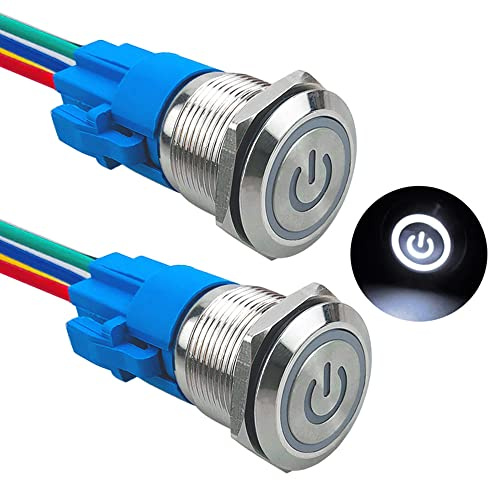 Aiqeer 2 Pezzi 19 mm Interruttore a Pulsante Autobloccante, 12V / 24V 5A Interruttore di Accensione per Auto, Interruttore a Pulsante in Metallo con Presa Precablata (LED Bianco)