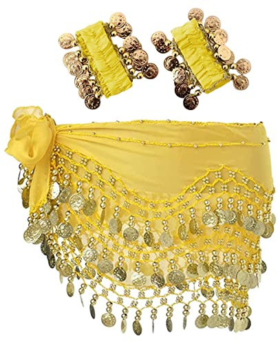 SamHeng Belly Dance Hip Scarf with Bracelet, 128 Coins Belly Dance Skirt Wrap Belt with Wrist Ankle Bracelets, Dance Skirt Belt Waist Chain for Belly Dance, Zumba or Yoga Class, Performance Costume
