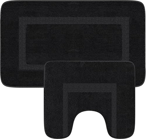 Loti Living Badematte 2er Set Schwarz Badezimmerteppich - rutschfest & Waschbar - Badvorleger, saugf_higer Badteppich, Fu¤Matte, Set 2 Teilig - Badezimmer Set - 50 x 80 cm und 50 x 40 cm