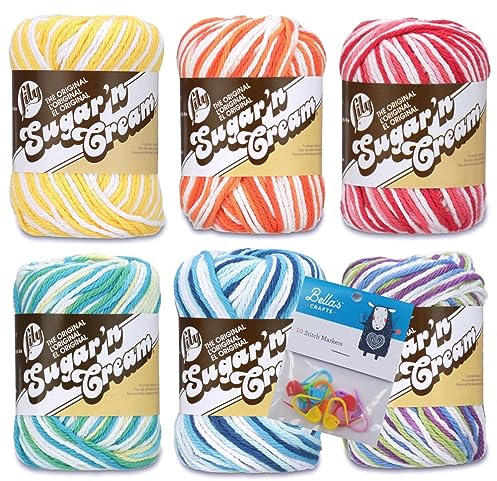Lily Sugar'n Cream 100% Cotton Yarn 6-Pack Bundle with Bella's Crafts Stitch Markers (Rainbow Ombres)