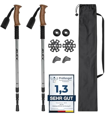 JELEX Nature Teleskopisk promenadkäppar för Nordic Walking justerbar, inklusive olika tillbehör för utomhusaktiviteter, ultralätta vandringspinnar med anti-shock-teknik (grå premium)