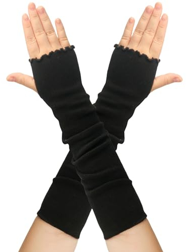 Women Arm Warmers,1 Pair Lotus Leaf Edge Style Knitted Long Sleeve Fingerless Gloves,Winter Warm Mittens Wrist Warmers with Thumb Hole for Ladies Female Girls (Black)