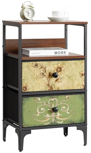 LYNCOHOME Bedside Table with 2 Drawers,Fabric Bedroom Furniture, End Table Nightstand with Metal Frame and Fabric Drawers for Bedroom, Living Room, Green