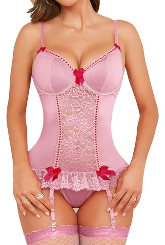 Aranmei Underklädesset för kvinnor, sexig blommig spetsbody med strumpeband, V-ringad babydoll-underkläder med strumpor, rosa, S