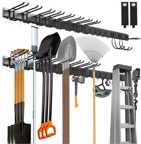 Tool Organizer Wandhalterung, 80 Zoll Garage Organizer Wandmontage, Gartenwerkzeug-Aufbewahrungsregal mit 15 Haken mit 2 Gurten für Skiausrüstung, Rechenschaufel Hofwerkzeuge, Stuhl, Gartenschläuche