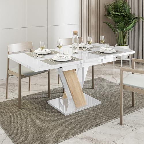 PROROOM FURNITURE - Malvi - Esstisch Ausziehbar auf 160 cm - 120x80x75 cm - Modern - Dinner Table - Esszimmertisch - Tisch für Esszimmer, Wohnzimmer - Ausziehtisch - Weiß Hochglanz/Holzoptik(Sonoma)