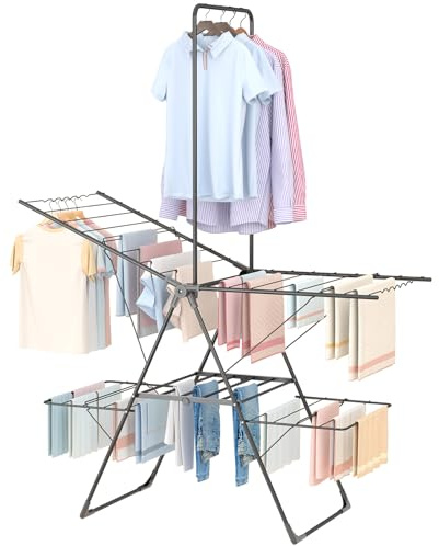 Bigzzia Clothes Drying Rack Foldable, 68.9Inch High Hanger Laundry Drying Rack with 4 Height-Adjustable Wings, Lightweight and Space Saving Clothes Airer for Apartments, Dorms, Camping