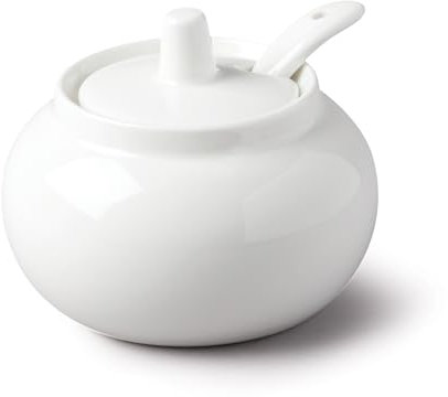 Wm Bartleet & Sons Porcelian Sugar/Jam Storage Pot with Spoon and Lid, Bellied Condiment Storage Jar, 10cm, White.