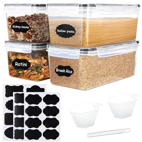 4 Pezzi Contenitori Pasta con Coperchio, 3 Etichette, 2 Tazza Misura, 1 Pennarello, 3.2L Contenitori Ermetici Alimenti, Organizer Plastica Cucina per Muesli, Farina, Cornflakes, Cereali, Spaghetti