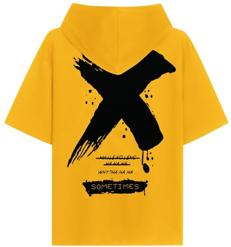 KENAIJING Maglietta con Cappuccio Uomo Felpa Mezza Manica Hip Hop Sweatshirt Stampa Maniche Corte T-Shirt（Giallo, XL）