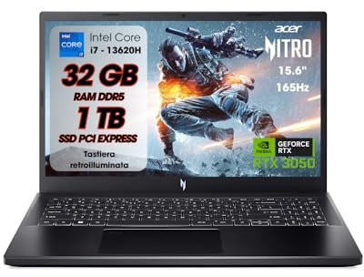 acer Nitro V15 Pc Gaming, Notebook Gaming i7-13620H, 32GB RAM DDR5, SSD 1TB, Display 15,6 FHD IPS 165 Hz, NVIDIA GeForce RTX 3050 (6 GB GDDR6), Tastiera Retroilluminata, Pc Portatile, Laptop Gaming