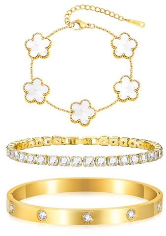 TempBeau Armband dam guld silver tennisarmband – kristaller tennis armband 6 mm brett kubisk zirkonia armband för kvinnor, vattentätt tennisarmband med rostfritt stål armband set, presenter för