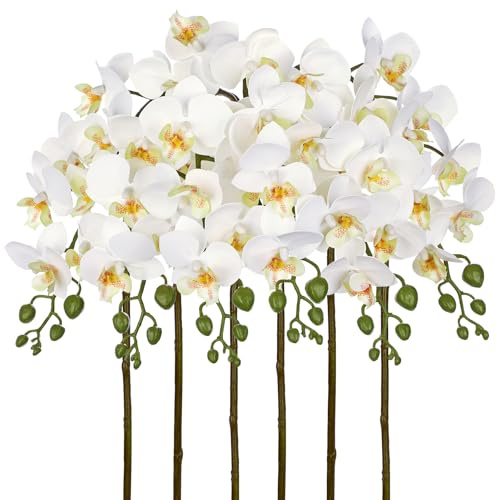6Pcs White Orchids Artificial Flowers, 25 Fake Orchids Faux Flower Arrangements, Silk Orchid That Look Real for Table Centerpiece, Wedding, Home & Office, Living Room, Entryway Decor, Elegant Gifts
